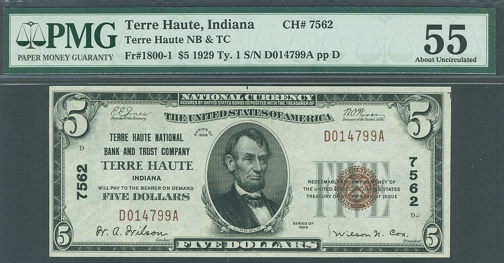 Terre Haute, IN, Ch.#7562, 1929-T1 $5, D014799A, AU, PMG-55